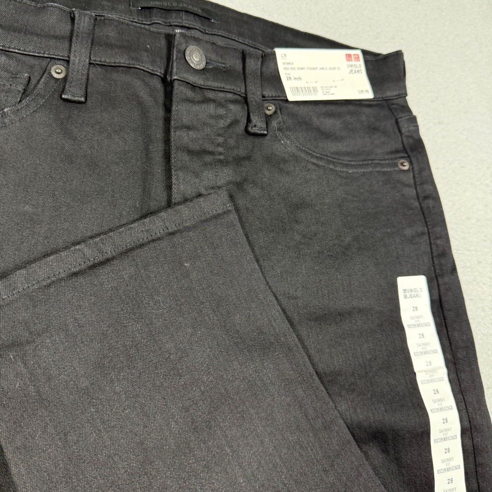 Uniqlo Jeans Womens High Rise Skinny Straight Ankle Jeans Black Stretch Denim 28